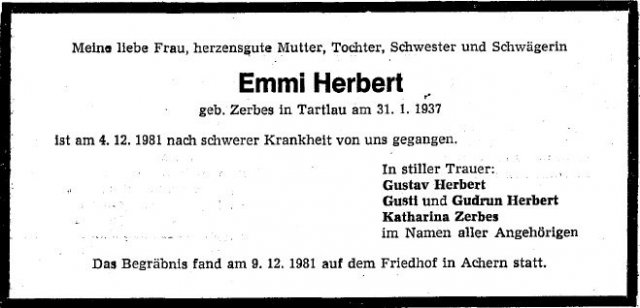 Zerbes Emmi 1937-1981 Todesanzeige